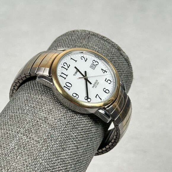 Timex Watch 35mm Date Indiglo Two Tone Stretchy Casual Classic New Battery - Picture 2 of 16